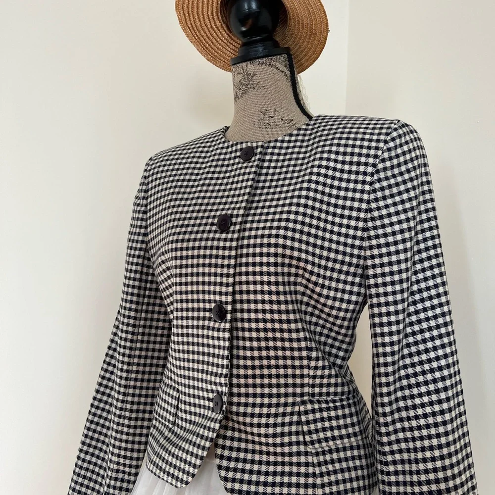 Vintage 1980-90s Navy Houndstooth Christian Dior Blazer